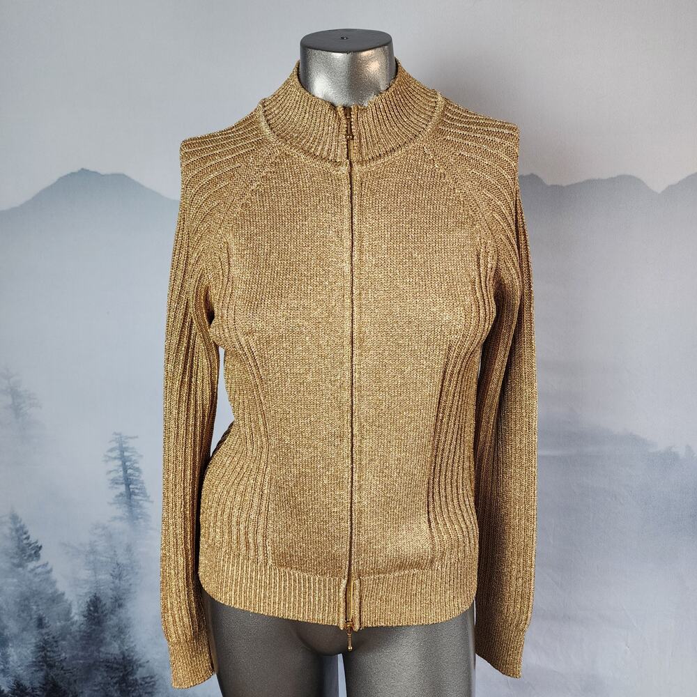 Luisa Spagnoli Gold Metallic Knit Full Zip Jacket | Women's Small